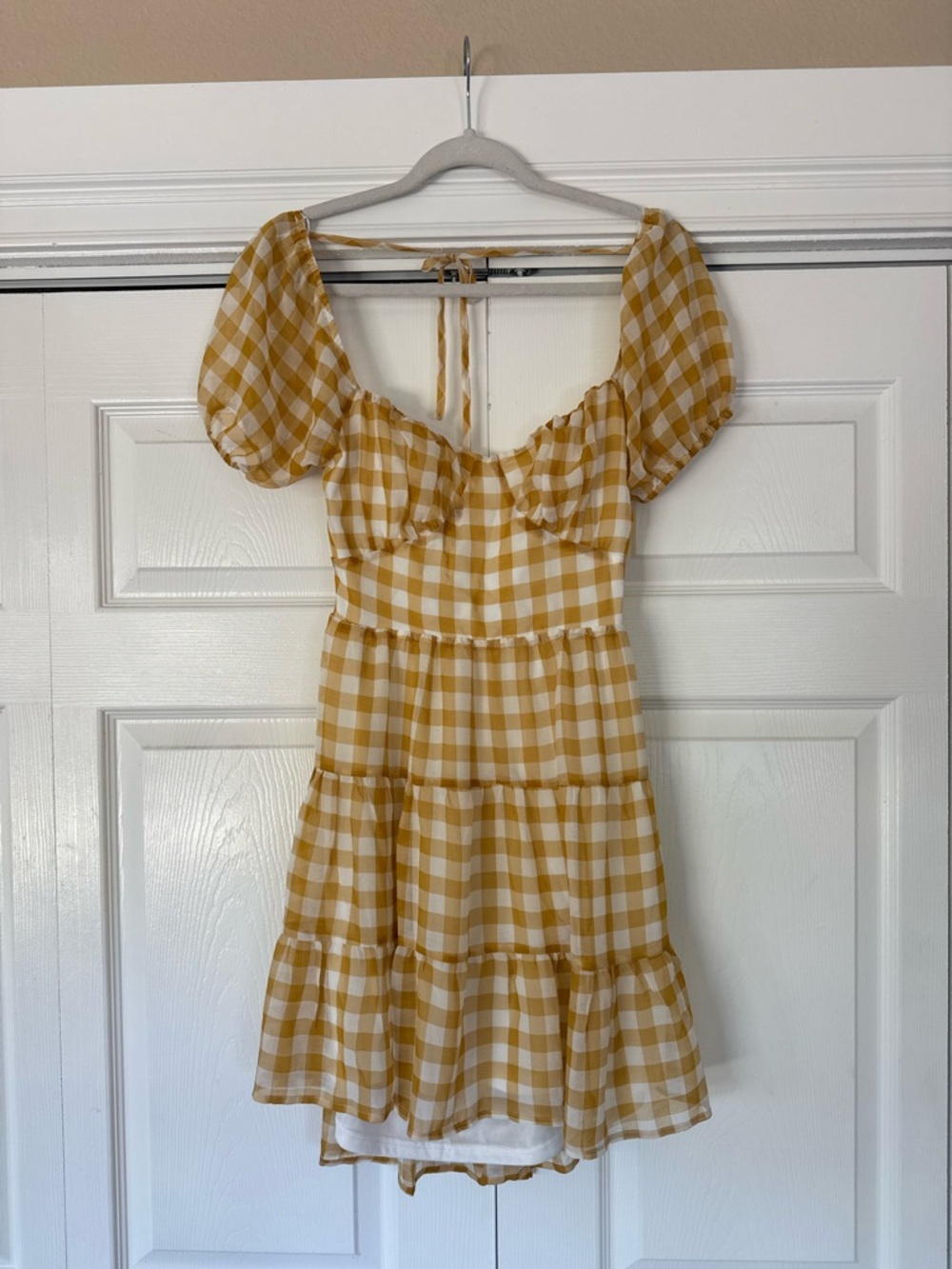 Yellow Gingham Puff Sleeve Mini Dress Cottagecore Picnic Babydoll M Lush